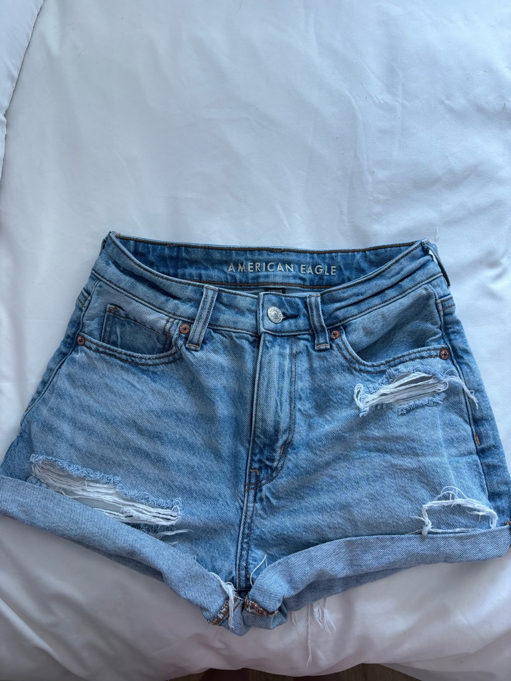 American Eagle Outfitters Light Wash Distressed High-Rise Denim Shorts